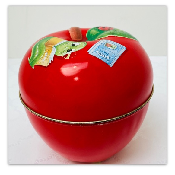 no brand Other - Vintage Apple Metal Tin 5” Red Apple Storage Tin /Decoration with Reading Worm.